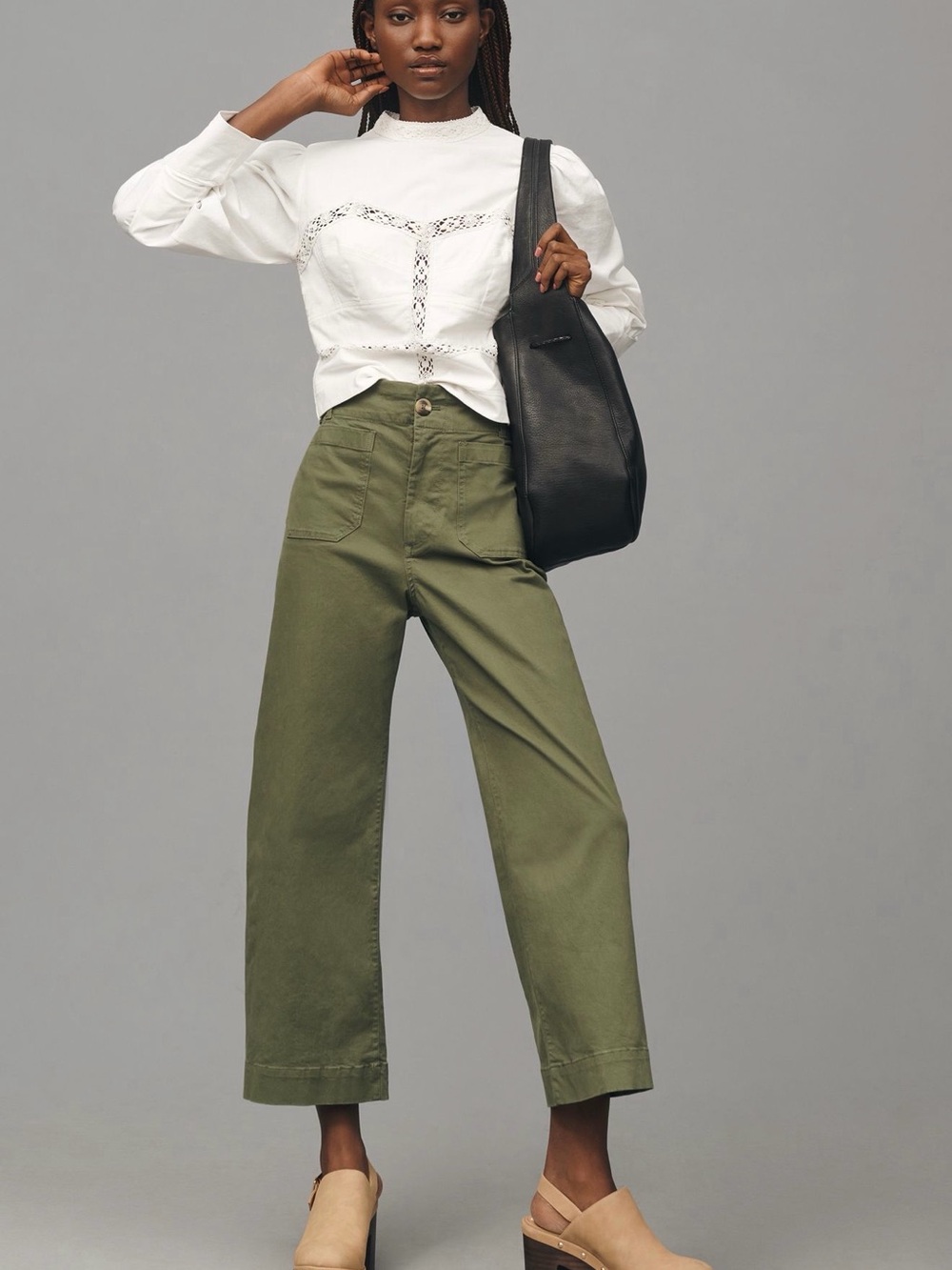 🌿 Maeve Colette Twill Cropped Wide-Leg Pants Moss Green Size 31 High Rise